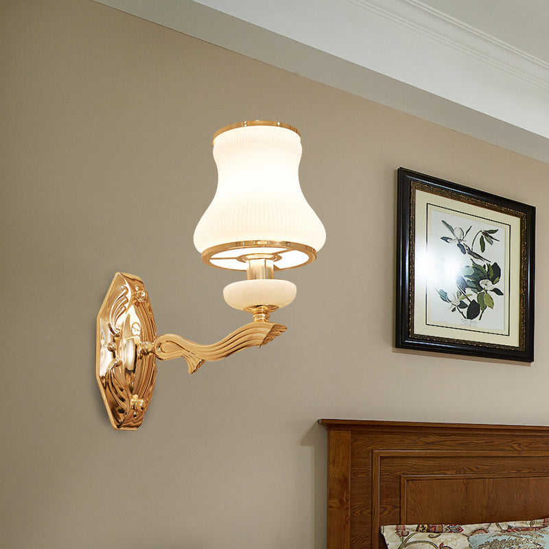 Bell Bedroom Wall Light Gifce Traditional Opal Grosted Glass 1/2 Bulbes Brass Wall Lampe With Clear Crystal Drop