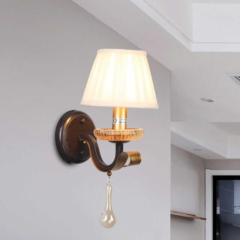 White 1/2-Bulb Wall Light Sconce Traditional Fabric Pleated Shade Wall Mount Lighting with Clear Glass Drop