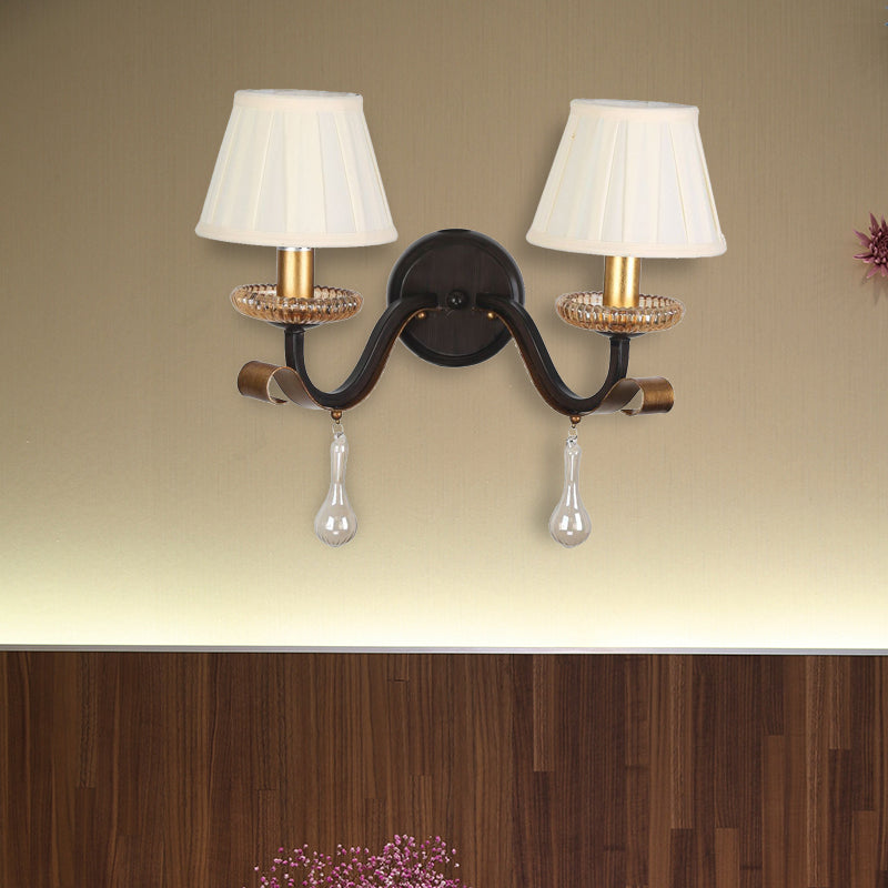 White 1/2-Bulb Wall Light Sconce Traditional Fabric Pleated Shade Wall Mount Lighting with Clear Glass Drop