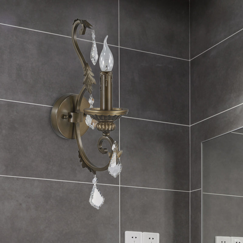 Rustic Candlestick Wall Lighting Fixture 1 Bulb Iron Wall Mounted Lamp in Bronze with Dangling Crystal Accent