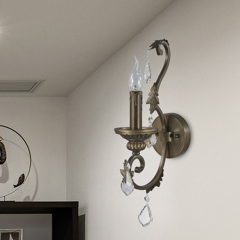 Rustic Candlestick Wall Lighting Fixture 1 Bulb Iron Wall Mounted Lamp in Bronze with Dangling Crystal Accent
