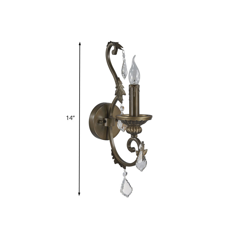 Rustic Candlestick Wall Lighting Fixture 1 Bulb Iron Wall Mounted Lamp in Bronze with Dangling Crystal Accent