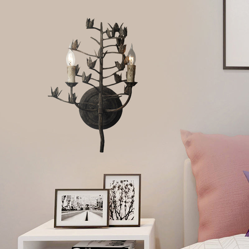 Branch Metallic Wall Mount Lamp Rustic 2 Lights Bedroom Sconce Light Fixture in Dark Gray