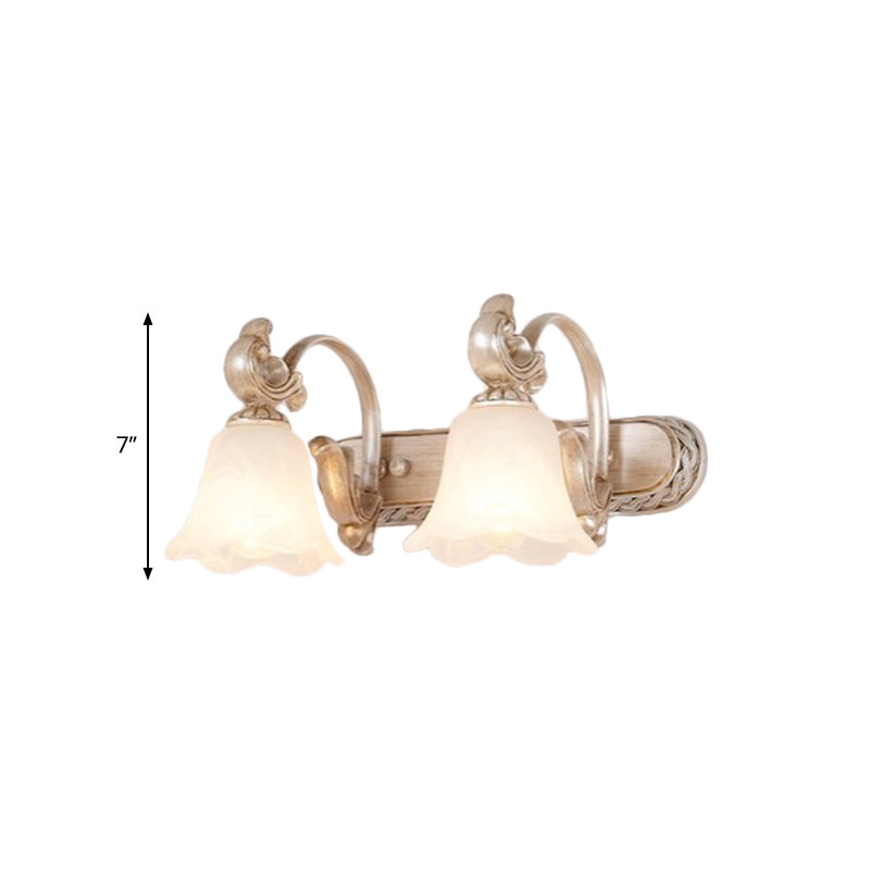 Traditional Flower Shade Vanity Wall Sconce Milk Glass 2/3 Heads Bathroom Wall Light with Curved Arm in Khaki