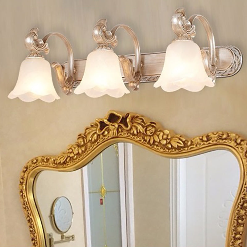 Traditional Flower Shade Vanity Wall Sconce Milk Glass 2/3 Heads Bathroom Wall Light with Curved Arm in Khaki