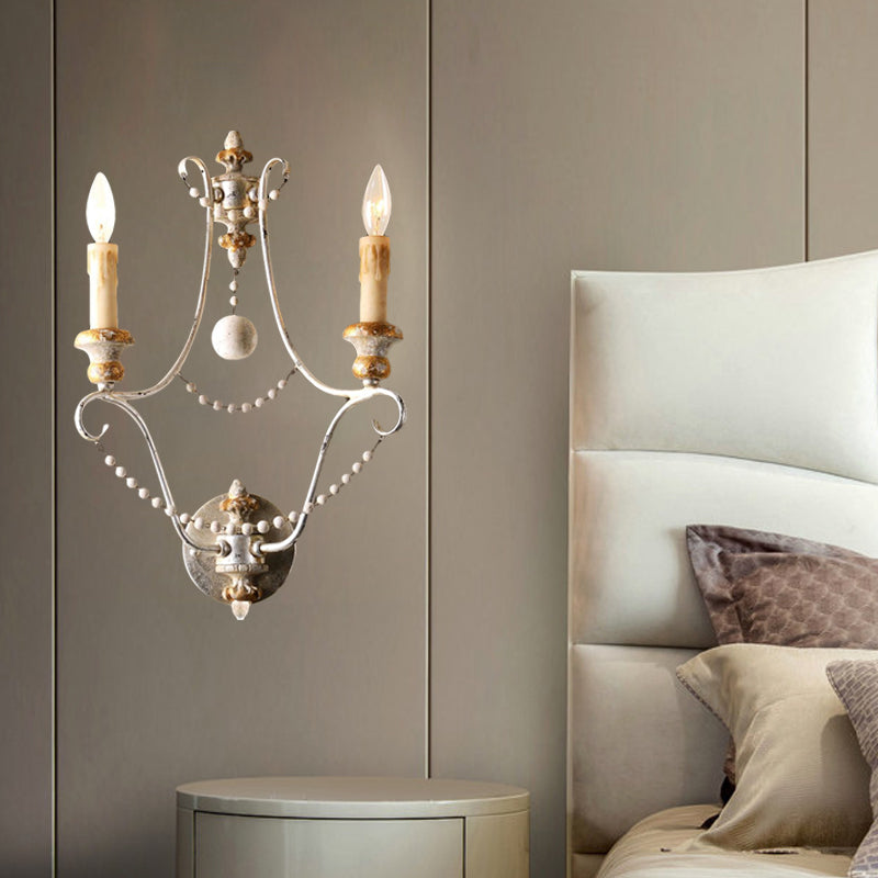 White 2 Lights Sconce Traditional-Style Wood Candelabra Wall Lighting Idea, 7"/13"/14" Wide