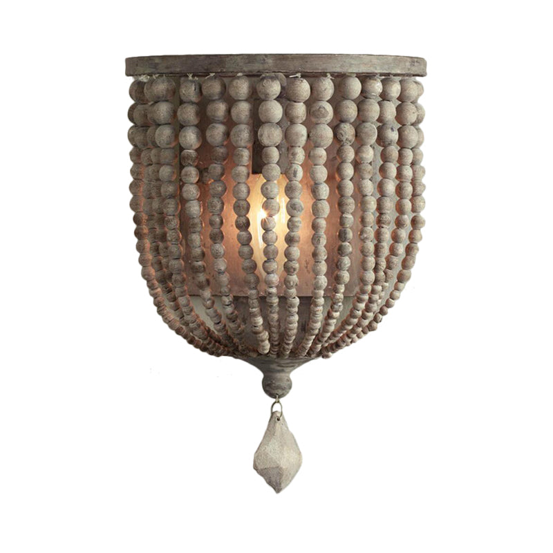 1 Light Wood Wall Mount Lamp Countryside Grey Beaded Living Room Sconce Light Fixture