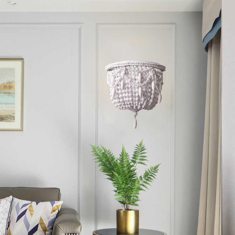 1 Light Bedroom Wall Mount Lighting Traditional White Sconce Light Fixture with Basket Wood Shade