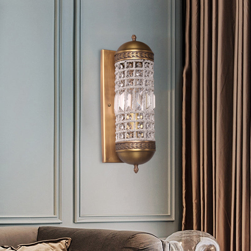 1 Light Wall Lighting Fixture Rural Cylinder Shaped Crystal Sconce Light in Brass for Indoor