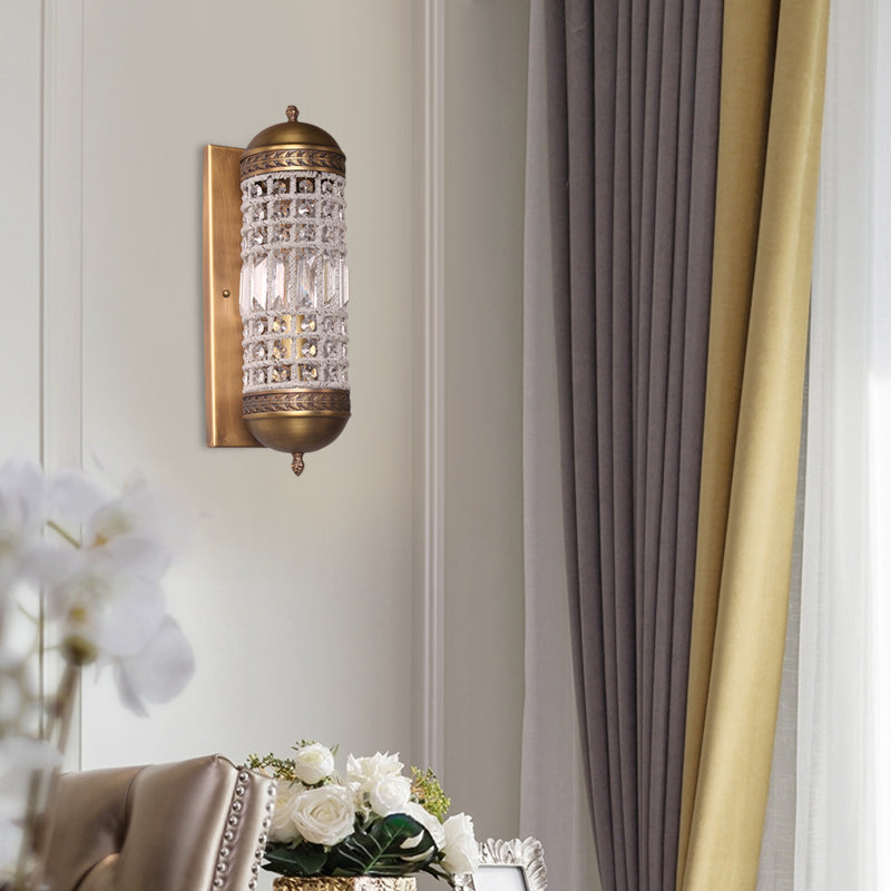 1 Light Wall Lighting Fixture Rural Cylinder Shaped Crystal Sconce Light in Brass for Indoor