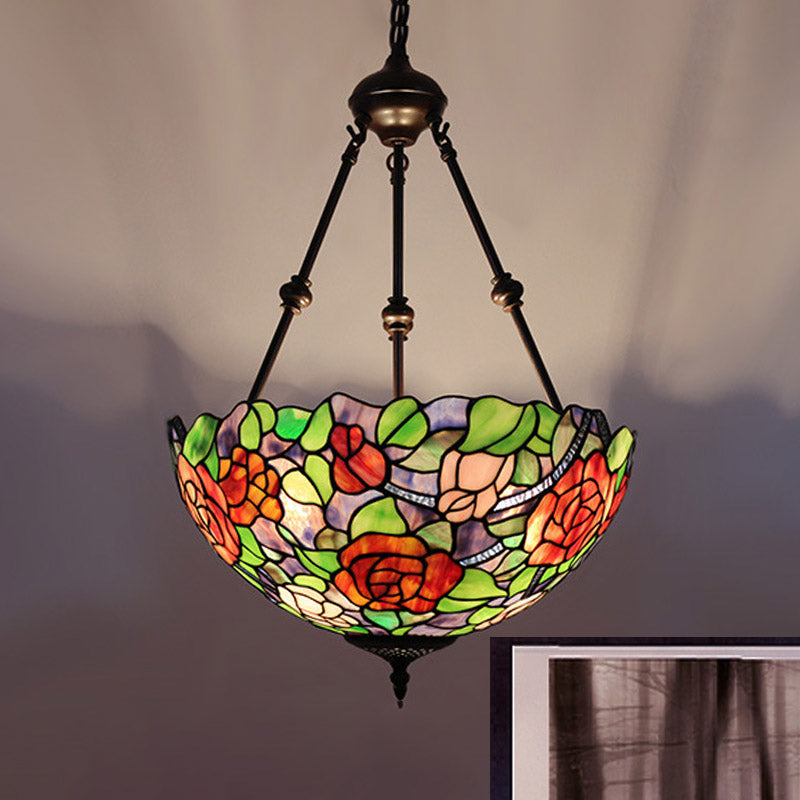 Lampadario del soffitto del soffitto ciotola vetrata mediterranea 2 luci rosse/giallo/verde appesa a sospensione Luce