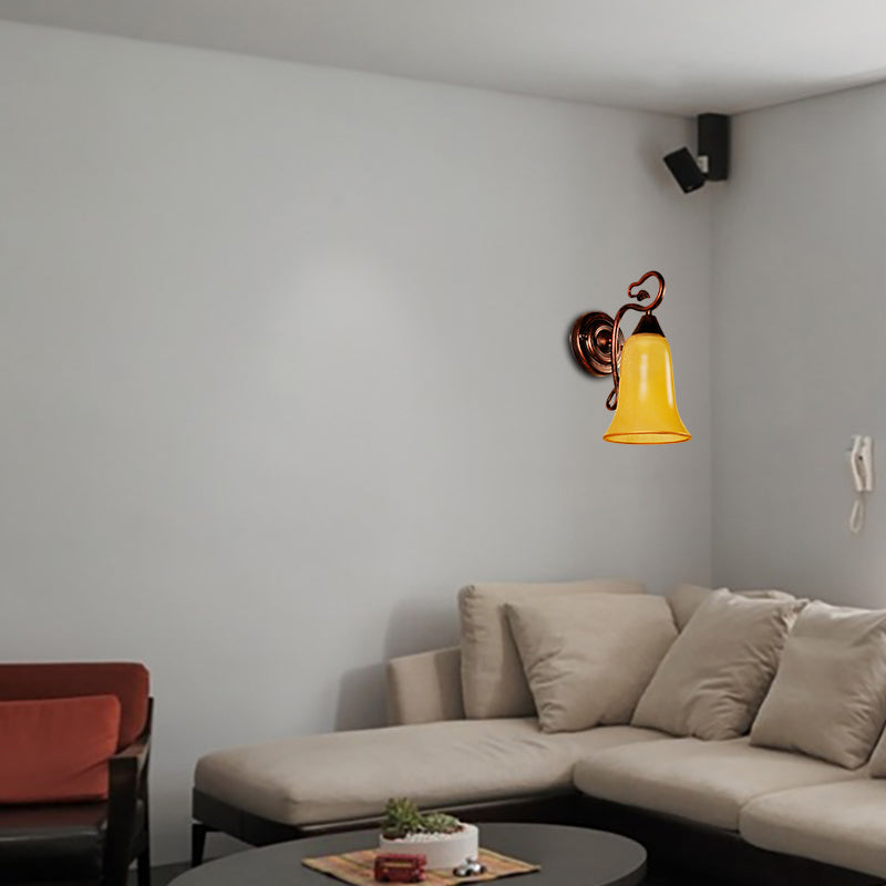 Bell Shade Indoor Wall Light Yellow Glass and Metal 1 Light Traditional Style Wall Lamp Fixture in Copper Finish