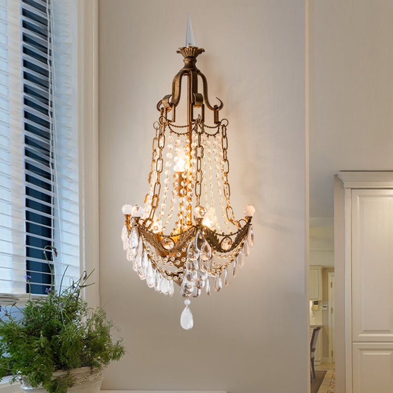 3 Lights Wall Mounted Light Countryside Beaded Crystal Sconce in Antique Brass for Living Room