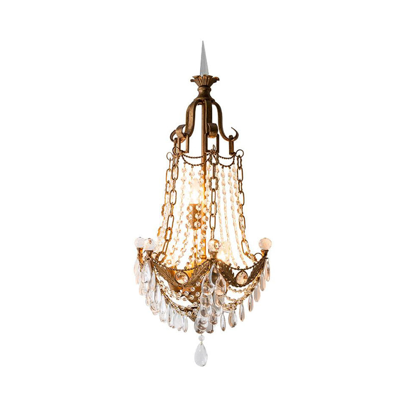 3 Lights Wall Mounted Light Countryside Beaded Crystal Sconce in Antique Brass for Living Room