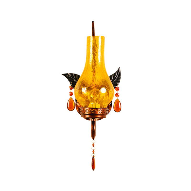 Traditional Vase Wall Mount Light Yellow Cracked Glass 1 Light Bathroom Wall Light Sconce with Orange Crystal Deco