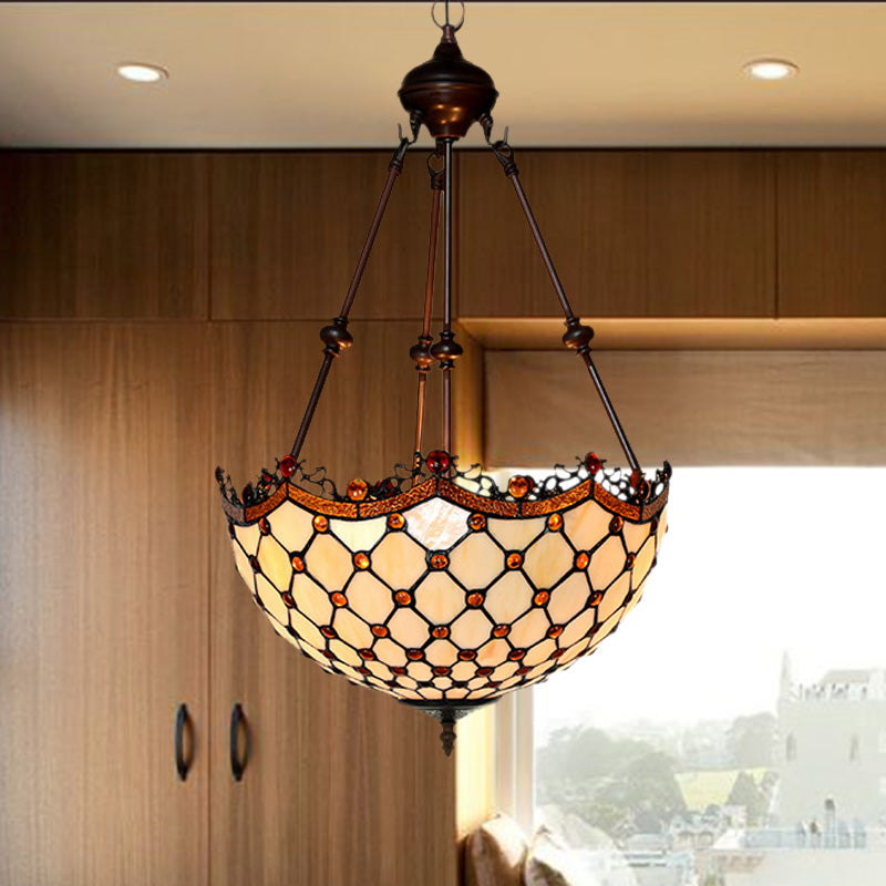 Stained Glass Beaded Chandelier Baroque 2/3 Lights White Suspension Lighting Fixture for Corridor