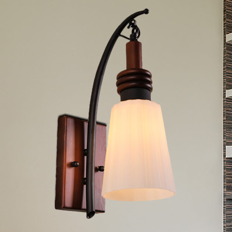 Contemporary Cone Sconce Light Fixture Opal Glass and Wood 1 Head Bedroom Wall Mounted Light in Red Brown