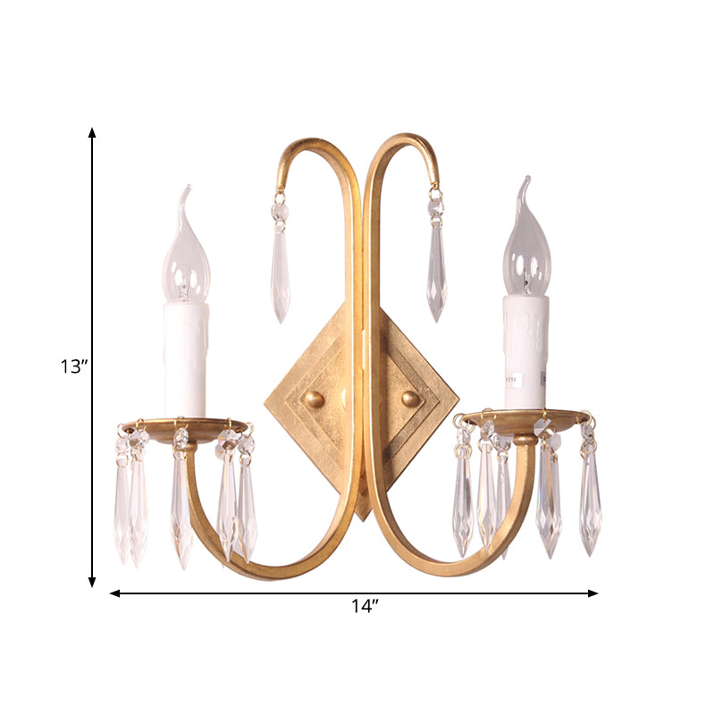 Metallic Candle Wall Lighting Feature Rustikale 2 Lichter Esszimmer Leuchter in Gold mit Kristalltropfen