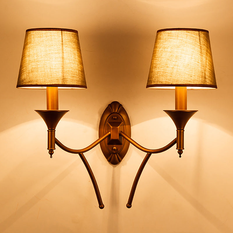 1/2-Bulb Bedroom Wall Mounted Lamp Countryside Army Green Sconce Lighting with Conic Fabric Shade