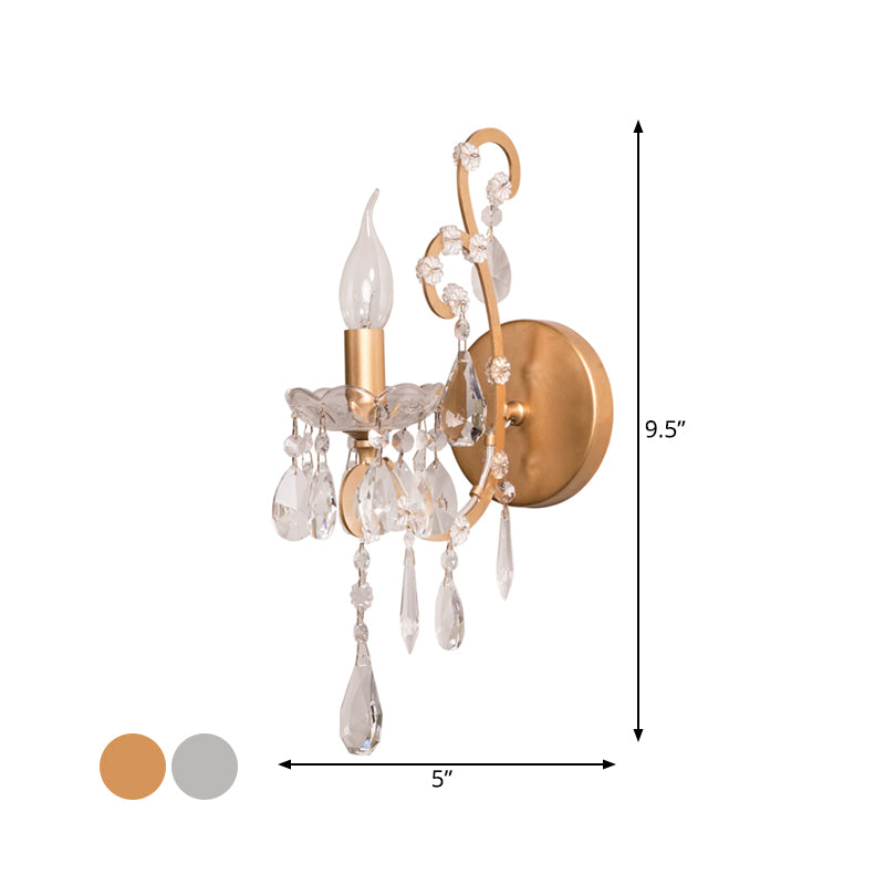 Kaarsenstijl metalen sconce licht rustiek 1 lichte woonkamer muurverlichting in zilver/goud met kristaldruppel