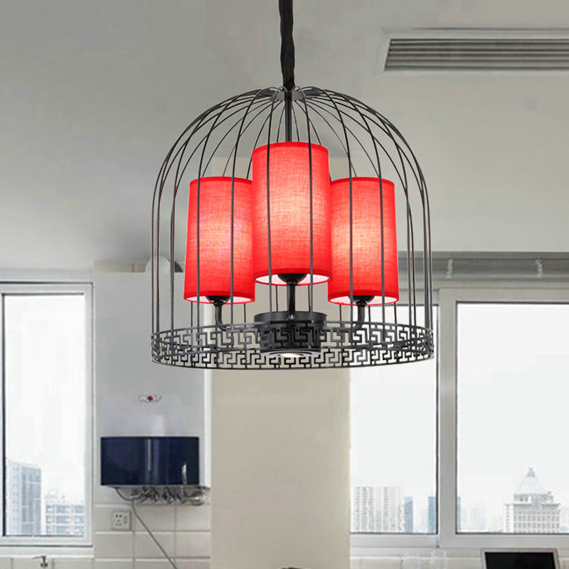 Traditional Birdcage Chandelier Light Metal 3/5 Lights Restaurant Black/Gold Ceiling Lamp with Red Fabric Cylinder Shade