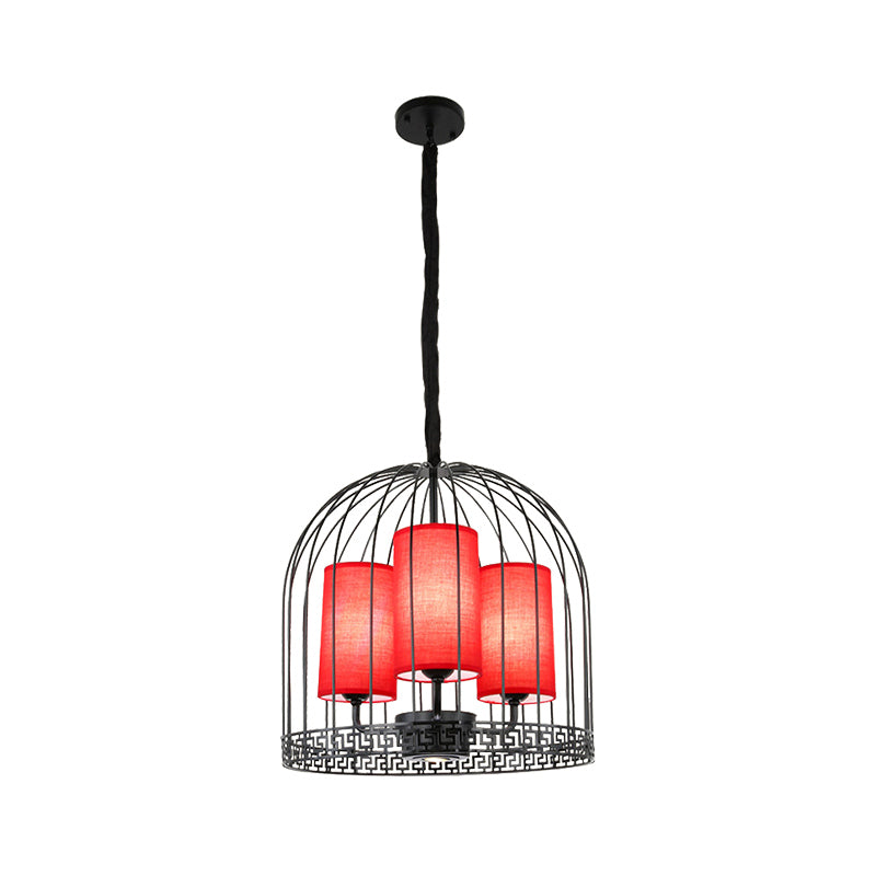 Traditional Birdcage Chandelier Light Metal 3/5 Lights Restaurant Black/Gold Ceiling Lamp with Red Fabric Cylinder Shade