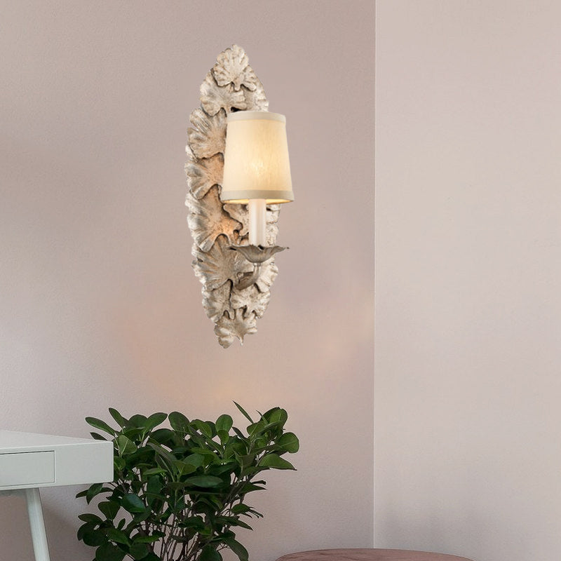 Fabric Bell Wall Mounted Light Fixture Countryside 1 Light Bedroom Sconce in White/Bronze