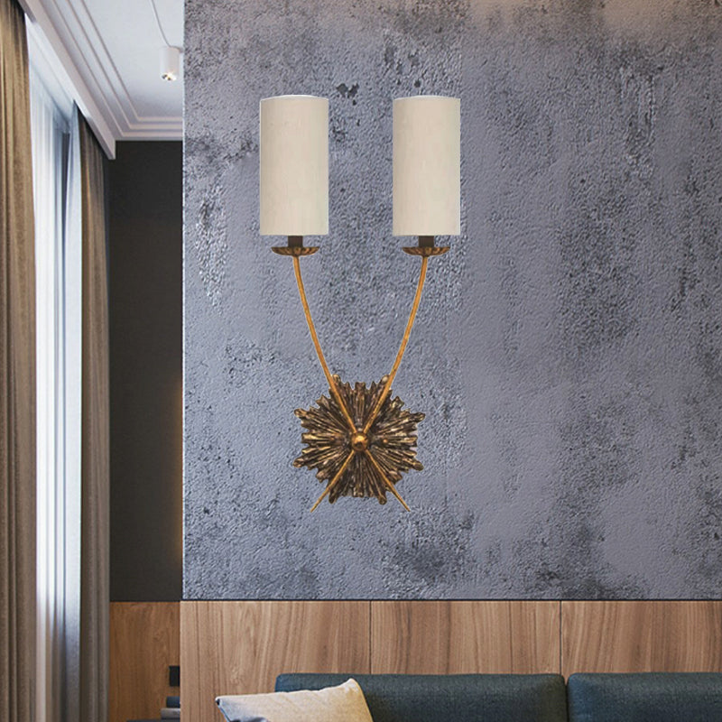 Traditional Tube Vanity Lighting Idea 2 Lights Fabric Sconce Light Fixture in White for Bathroom