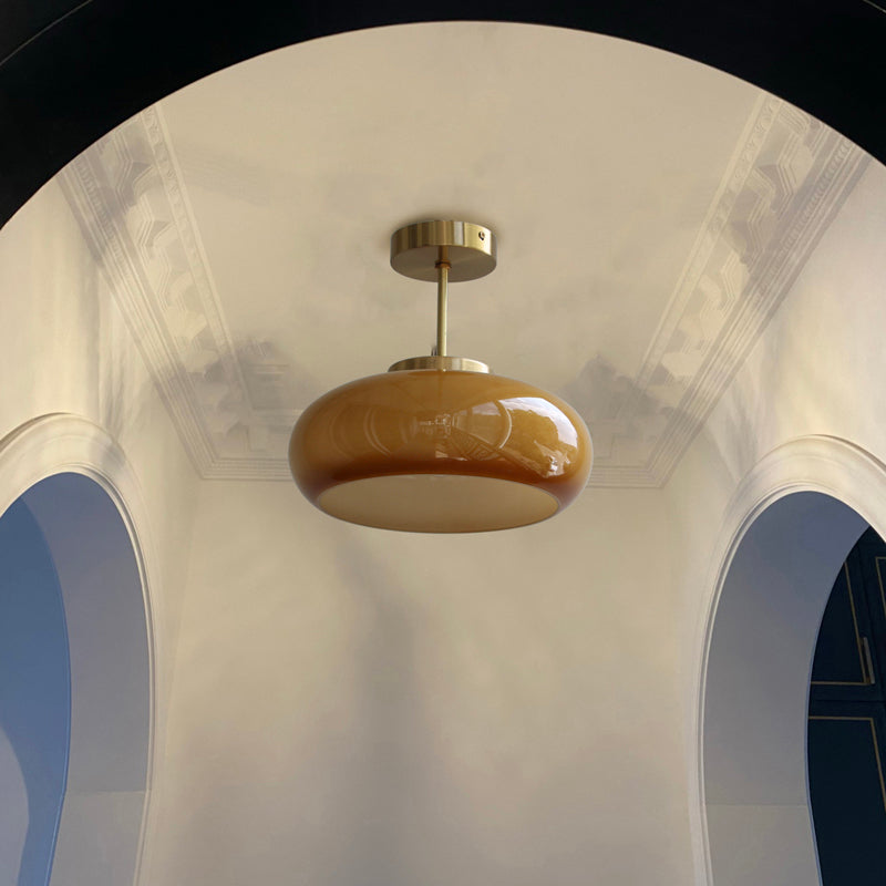 Colonial Style Brass Flush Mount Drum Hand-blown Glass Ceiling Light Fixture for Bathroom