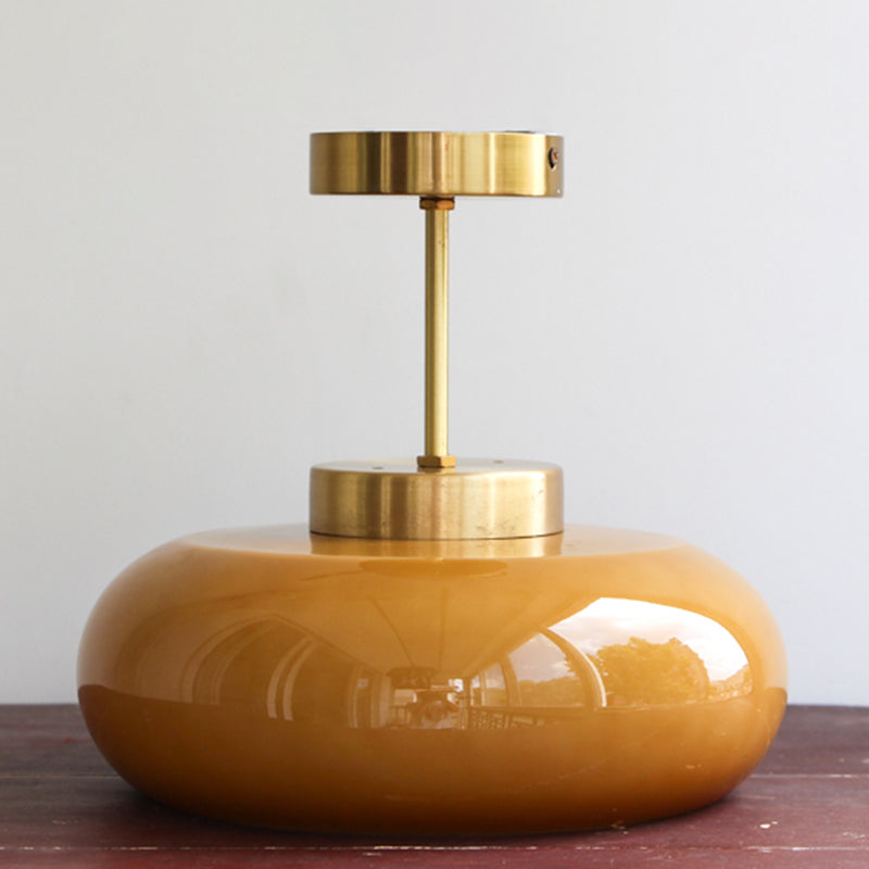 Colonial Style Brass Flush Mount Drum Hand-blown Glass Ceiling Light Fixture for Bathroom