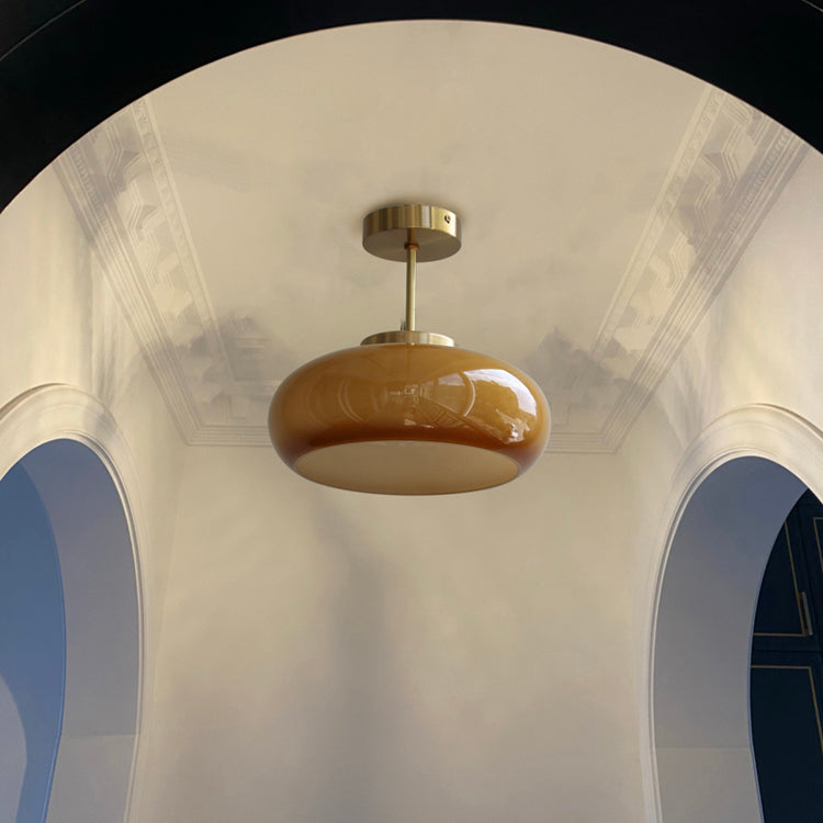 Colonial Style Brass Flush Mount Drum Hand-blown Glass Ceiling Light Fixture for Bathroom