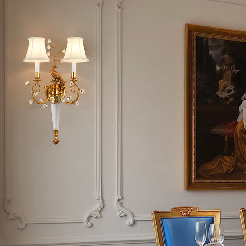 2 luces Luz de la pared cónica Luz de la pared del campo Delina de la tela de latón para el dormitorio con brazo curvo