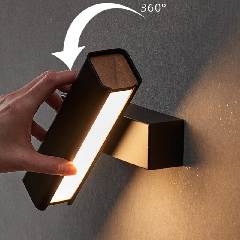 Aluminium Rectangular LED Wall Sconce in Modern Simplicity Wooden Rotatable Wall Light with Acrylic Shade