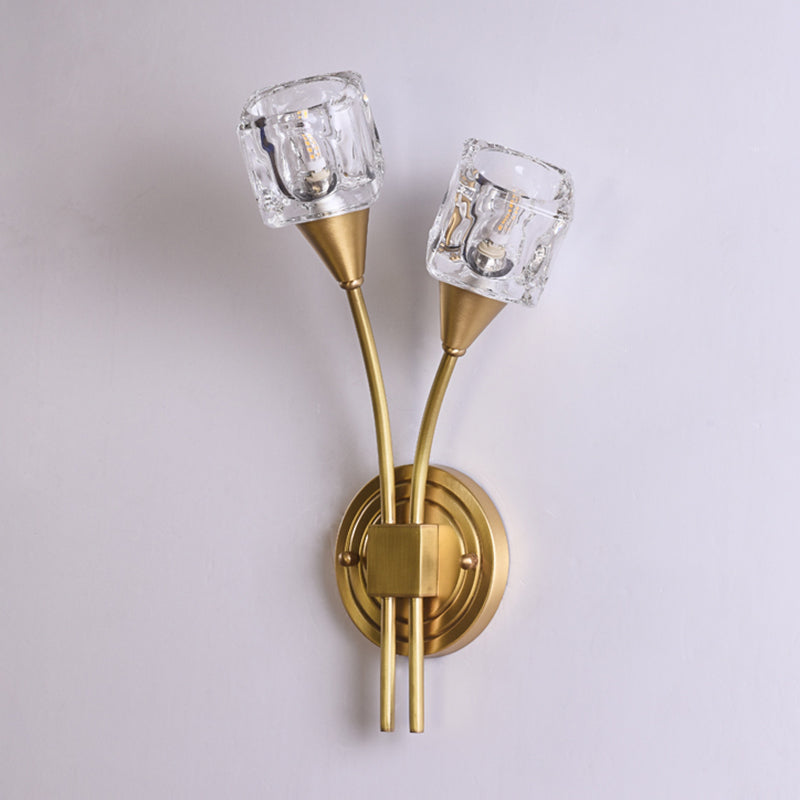 2-Light Gold Wall Lamp in Modern Luxury Style Copper Wall Sconce with Crystal Shade