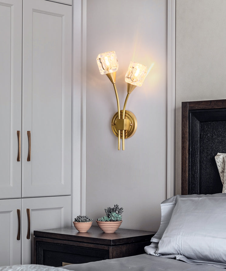 2-Light Gold Wall Lamp in Modern Luxury Style Copper Wall Sconce with Crystal Shade