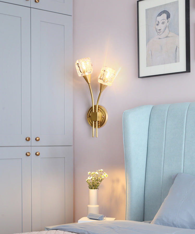 2-Light Gold Wall Lamp in Modern Luxury Style Copper Wall Sconce with Crystal Shade