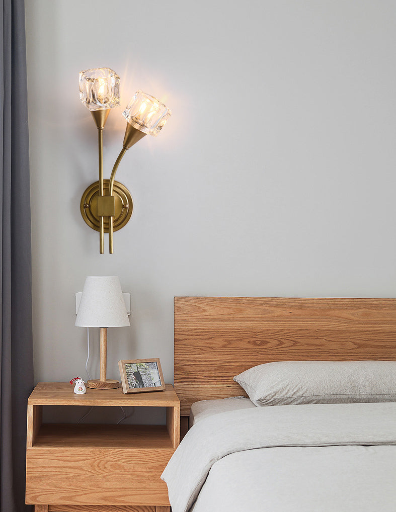 2-Light Gold Wall Lamp in Modern Luxury Style Copper Wall Sconce with Crystal Shade