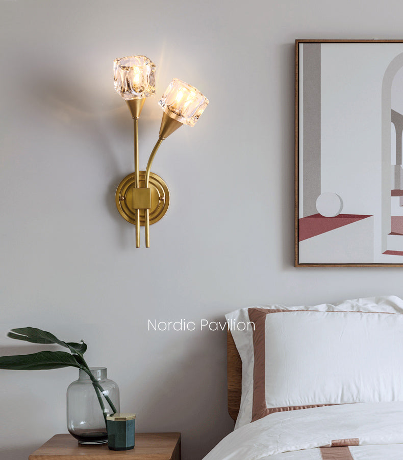 2-Light Gold Wall Lamp in Modern Luxury Style Copper Wall Sconce with Crystal Shade