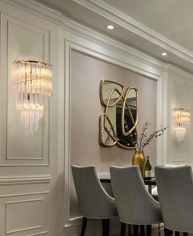 Gold Stagger Wall Sconce in Modern Luxury Style Wrought Iron 4-Light Wall Lamp with Crystal Shade