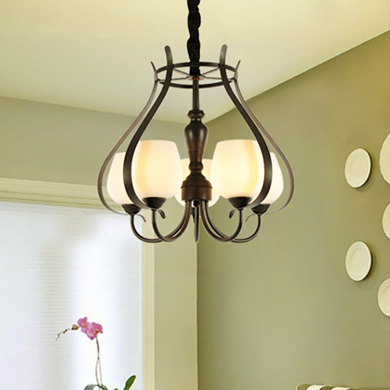 5 Bulbs Dining Room Chandelier Lamp Contemporary Black Finish Suspension Lighting with Opal Glass Bowl Shade