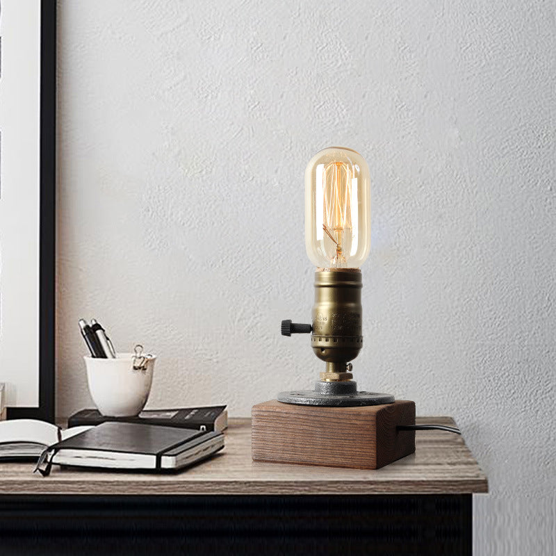 1-Light Distressed Brass Table Lamp Industrial Shadeless Metal Night Lamp with Wooden Base