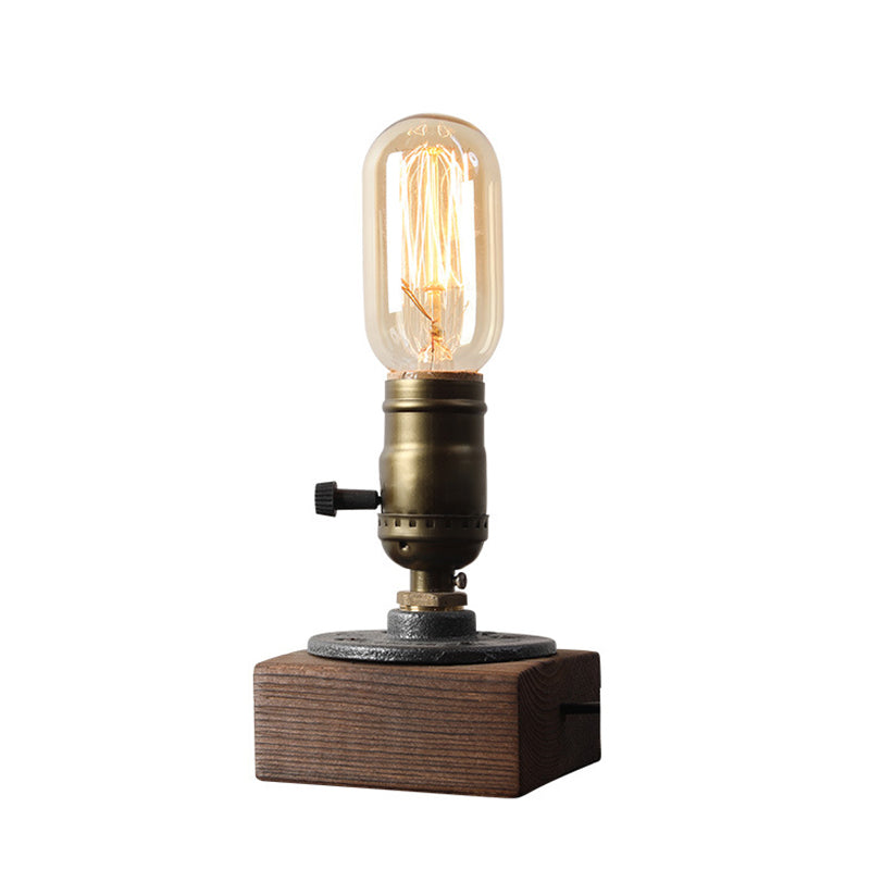1-Light Distressed Brass Table Lamp Industrial Shadeless Metal Night Lamp with Wooden Base