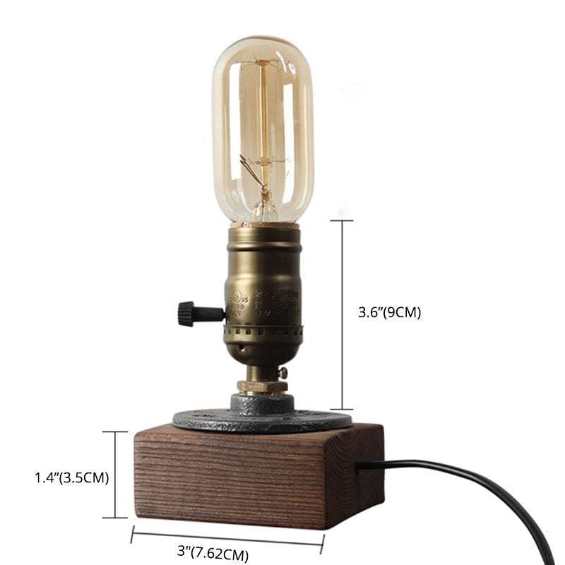 1-Light Distressed Brass Table Lamp Industrial Shadeless Metal Night Lamp with Wooden Base