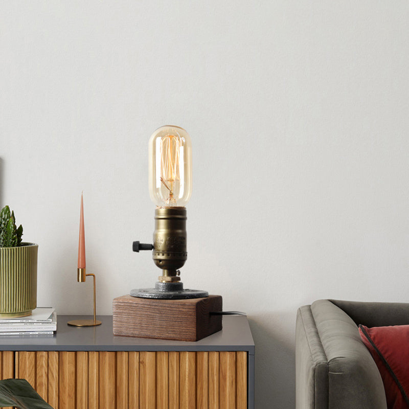1-Light Distressed Brass Table Lamp Industrial Shadeless Metal Night Lamp with Wooden Base