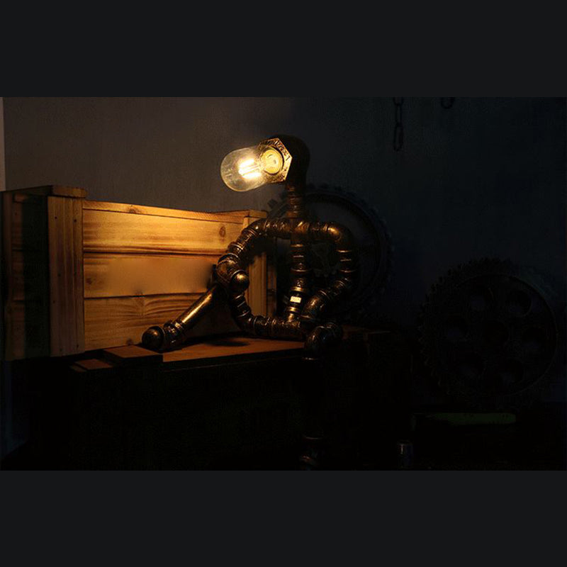 Antique Brass Pipe Night Lamp Industrial Style Wrought Iron Bedroom Table Light