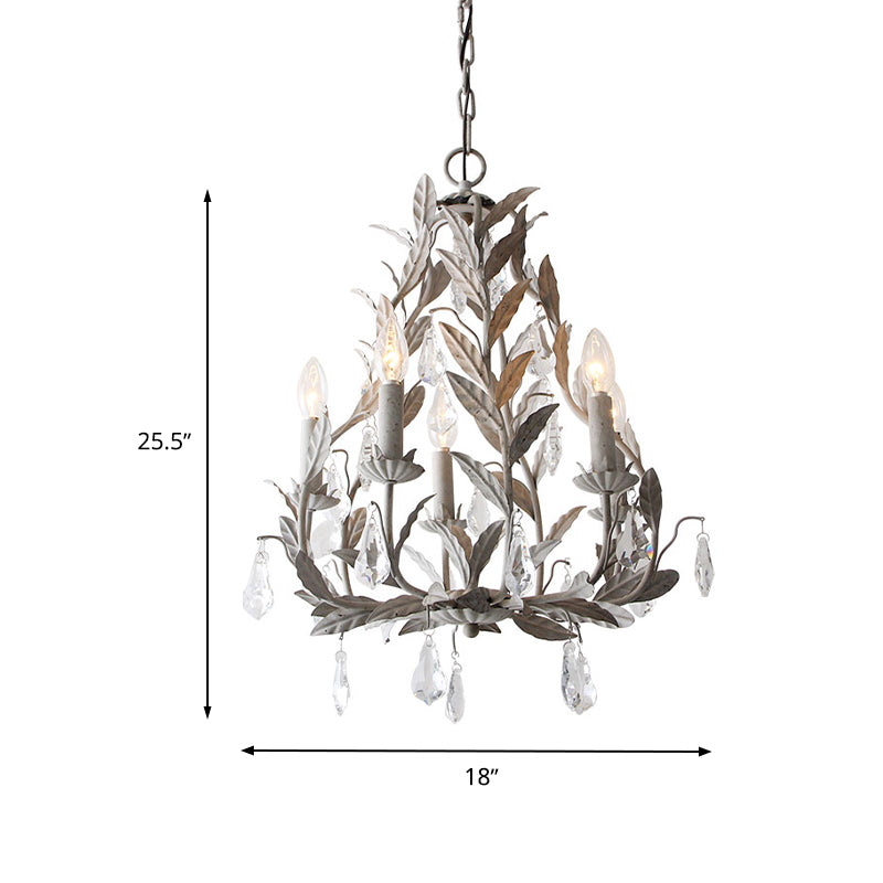 Metal Leaf Chandelier Lamp Modernism 5 Bulbs Grey/Distressed White Suspended Lighting Fixture with Crystal Drop