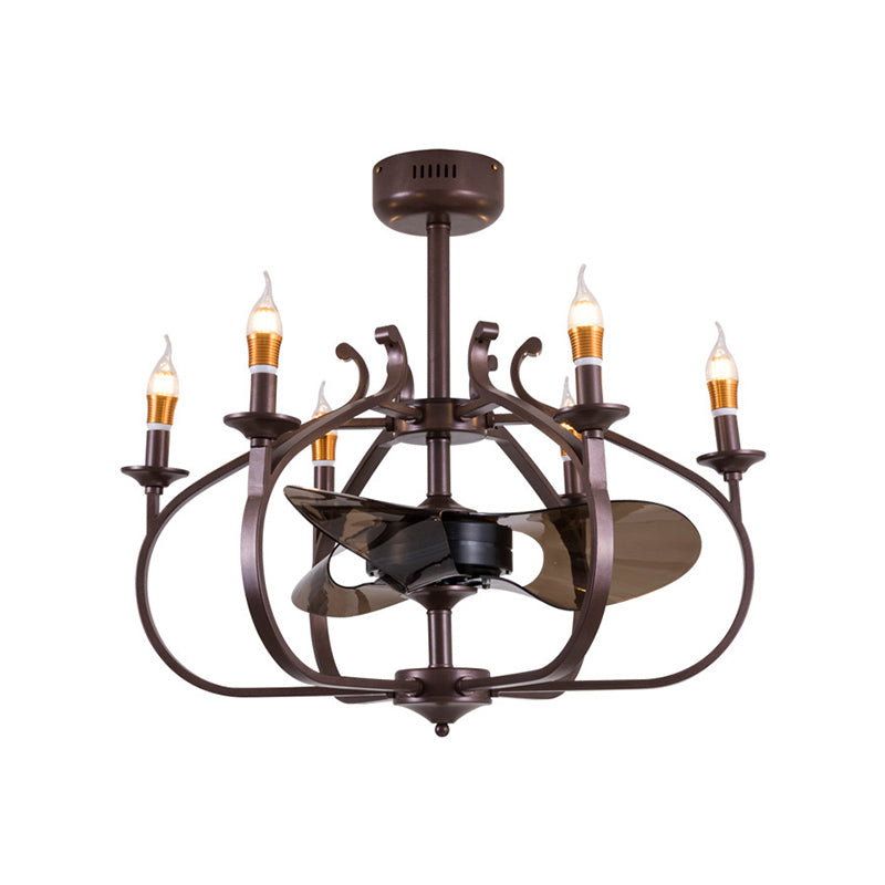 Coffee Caged Chandelier Pendant Light Vintage Style 6 Lights Metal Ceiling Lamp with Candle Design for Dining Room