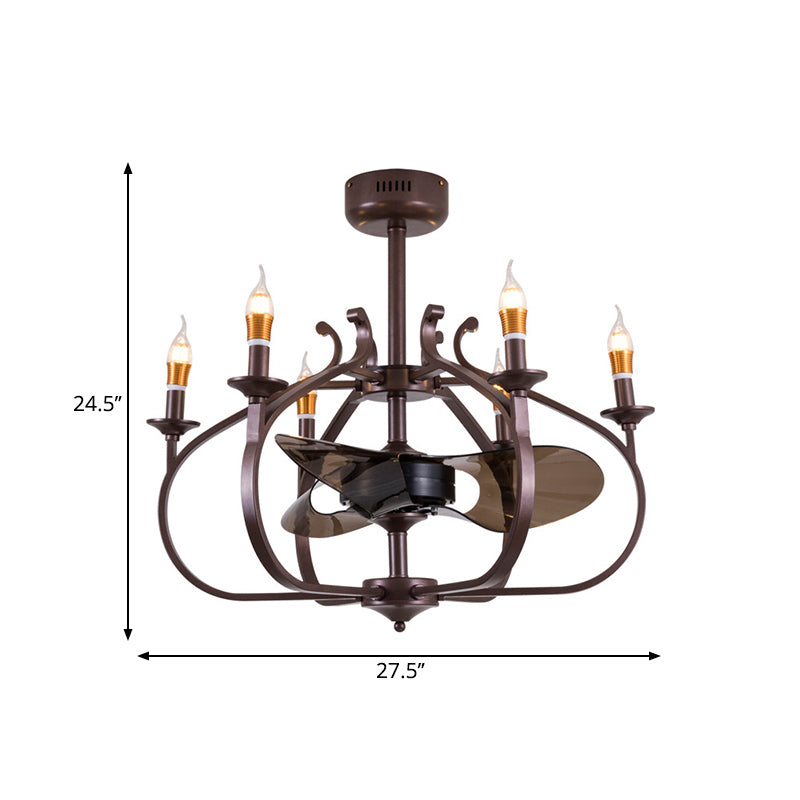 Coffee Caged Chandelier Pendant Light Vintage Style 6 Lights Metal Ceiling Lamp with Candle Design for Dining Room
