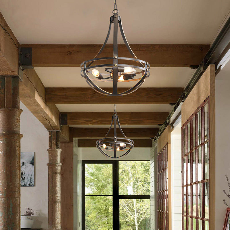 3 Heads Foyer Hanging Chandelier Light Vintage Style Black Pendant Lamp with Bowl Cage Metallic Shade