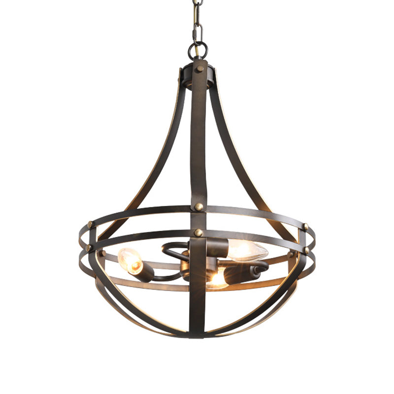 3 Heads Foyer Hanging Chandelier Light Vintage Style Black Pendant Lamp with Bowl Cage Metallic Shade